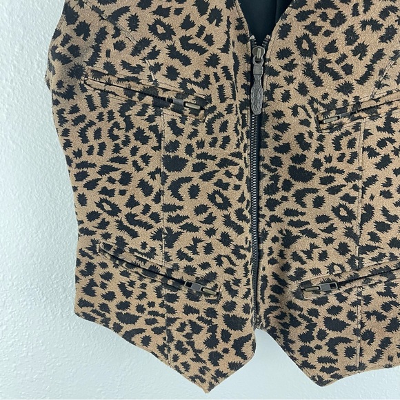 Vintage 90s Tan Black Suede Leather Cheetah Print V Neck Zip Up Biker Vest Top - Picture 5 of 10